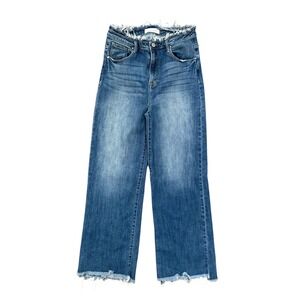 Risen High Rise Jean Women 13/31 Wide Leg Frayed Hem Whiskered Dark Wash Stretch